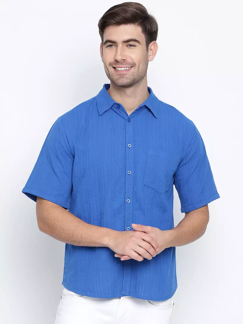 Blue printed cotton mens casual shirts