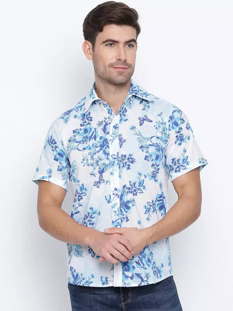 White printed cotton mens casual shirts