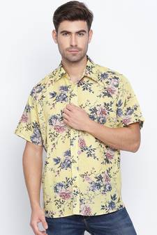 Yellow printed cotton mens casual shirts