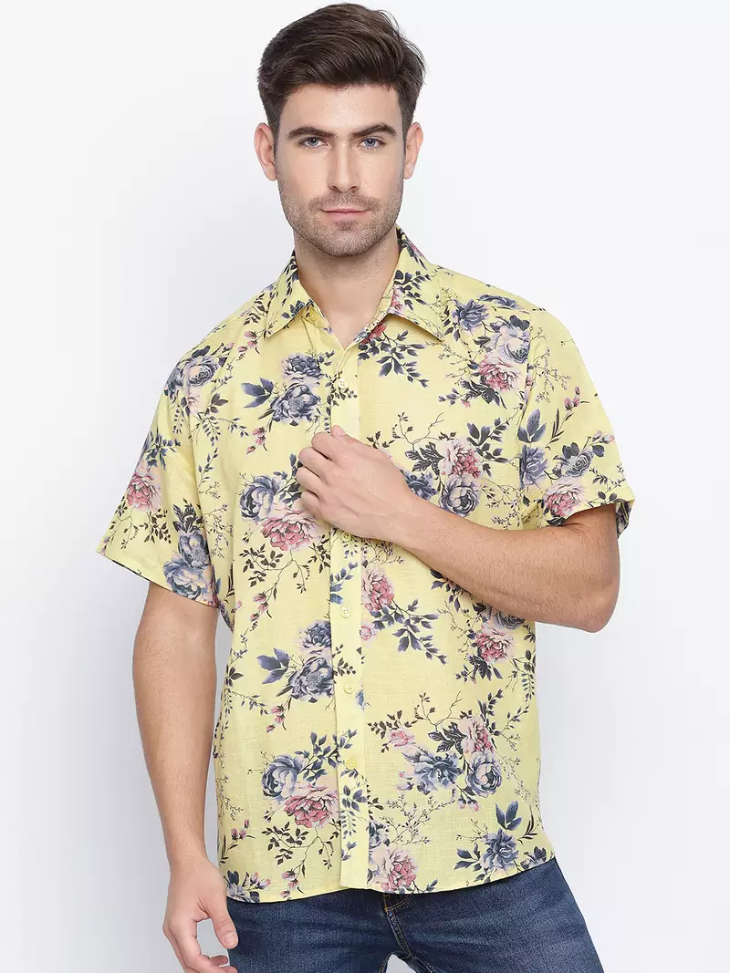 Yellow printed cotton mens casual shirts