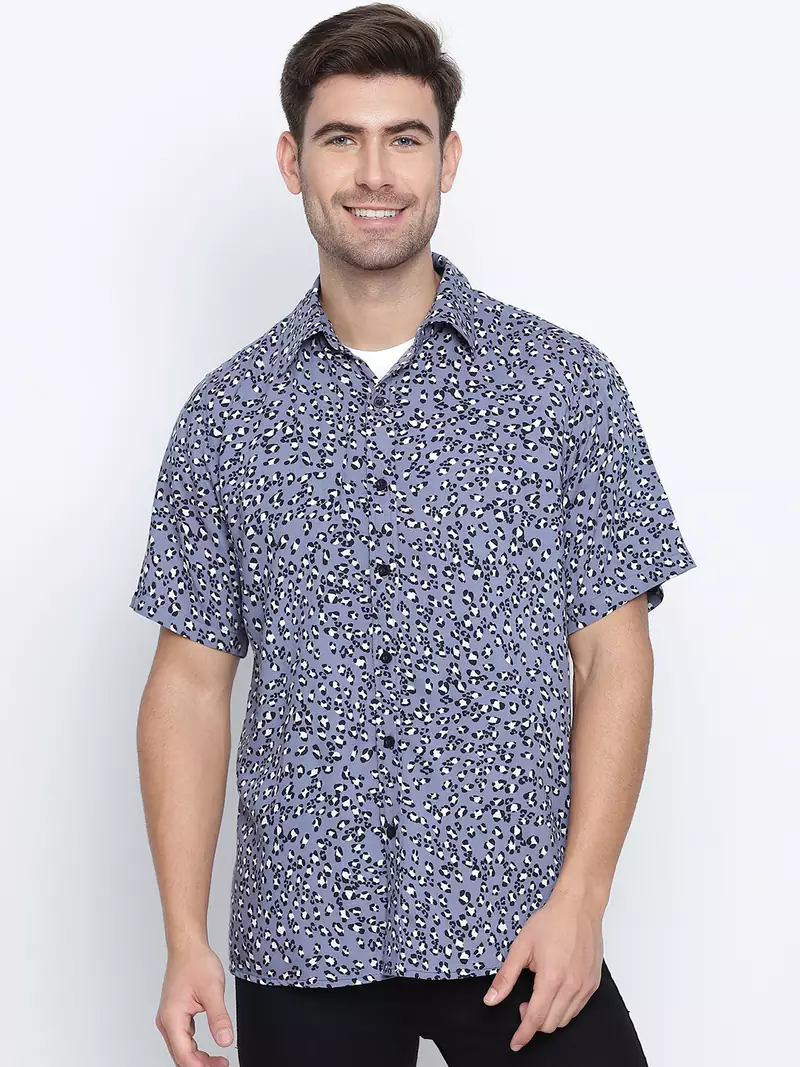 Blue printed viscose mens casual shirts