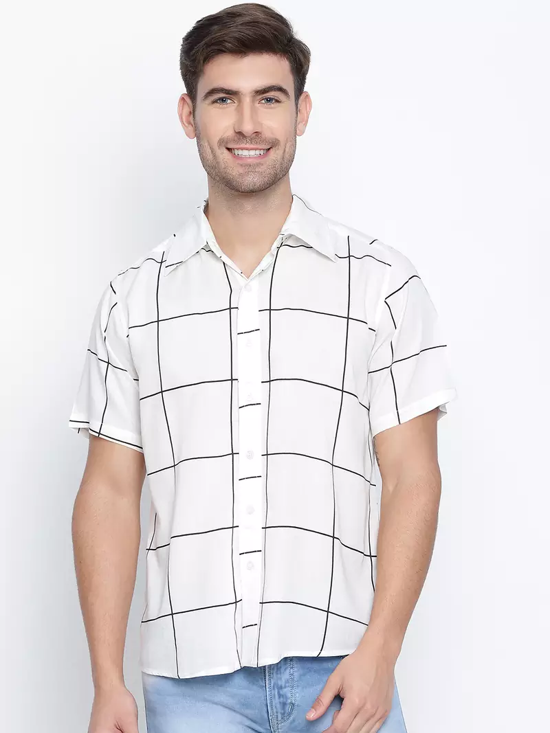 White printed viscose mens casual shirts