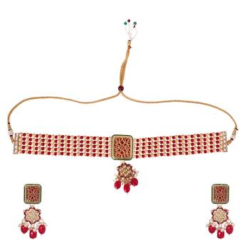 Elegant Gold Plated Red And Golden Pearl Choker Necklace Set For Women 2