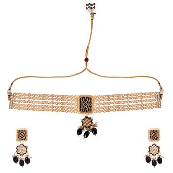 Elegant Gold Plated Black Pearl Choker Necklace Set For Women 2