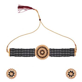 Exclusive Gold Plated Black Pearl Choker Necklace Set For Women 2