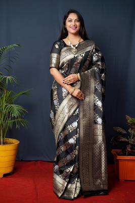 Black woven banarasi silk saree with blouse 1