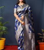 Navy blue woven banarasi silk saree with blouse