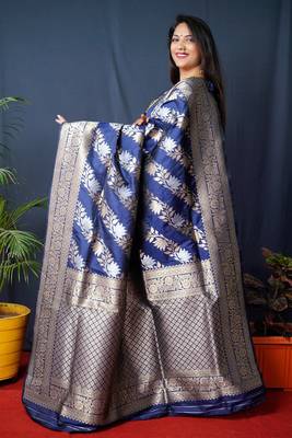 Navy blue woven banarasi silk saree with blouse 2