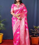 Pink woven banarasi silk saree with blouse
