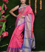 Pink woven Faux kanchipuram silk saree with blouse