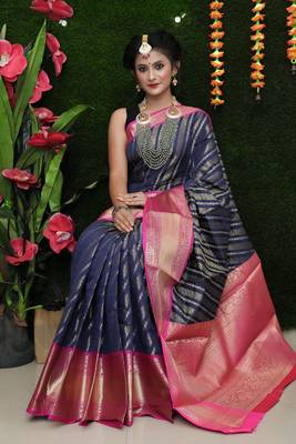 Navy blue woven Faux kanchipuram silk saree with blouse 2
