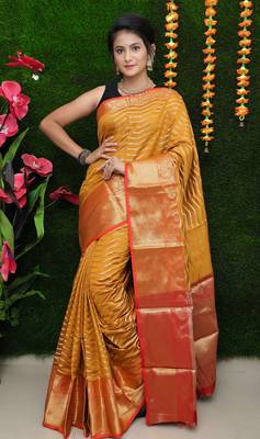 Mustard woven kanchipuram silk saree with blouse 1