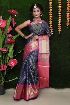 Navy blue woven Faux kanchipuram silk saree with blouse 1