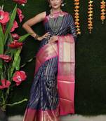 Navy blue woven Faux kanchipuram silk saree with blouse