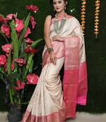 Beige woven Faux kanchipuram silk saree with blouse