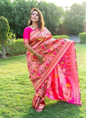Pink Woven Paithani Silk Blend Saree With Blouse 1