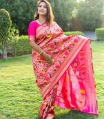 Pink Woven Paithani Silk Blend Saree With Blouse