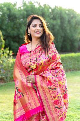 Pink Woven Paithani Silk Blend Saree With Blouse 4