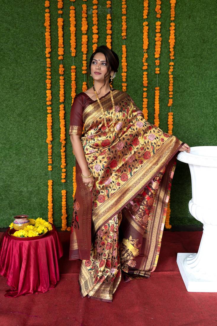 Coffee woven paithani silk saree with blouse