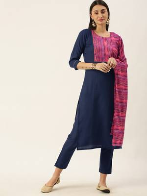 Minora Cotton Navy Blue Solid Kurta Sets & Trousers with Dupatta 1