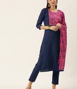 Minora Cotton Navy Blue Solid Kurta Sets & Trousers with Dupatta