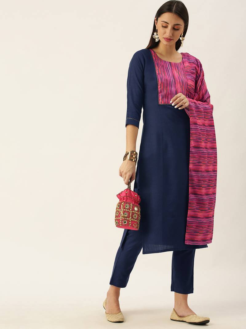 Minora Cotton Navy Blue Solid Kurta Sets & Trousers with Dupatta