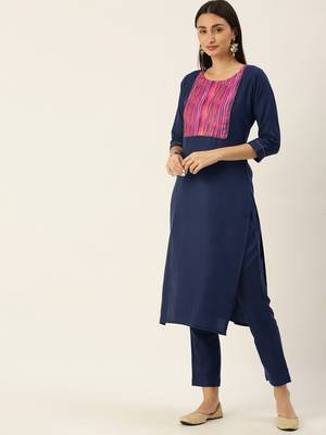 Minora Cotton Navy Blue Solid Kurta Sets & Trousers with Dupatta 3