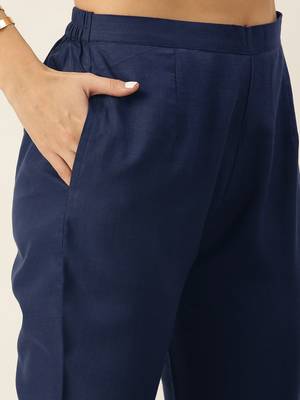 Minora Cotton Navy Blue Solid Kurta Sets & Trousers with Dupatta 5