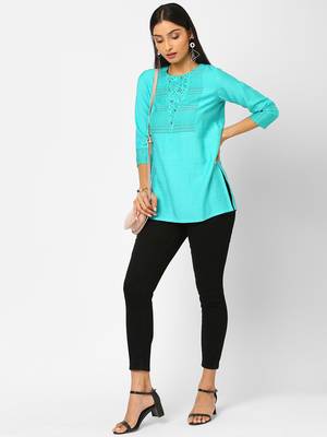 Blue printed blended cotton cotton-tops 1