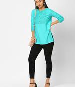 Blue printed blended cotton cotton-tops