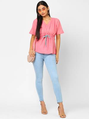 Pink woven blended cotton cotton-tops 1
