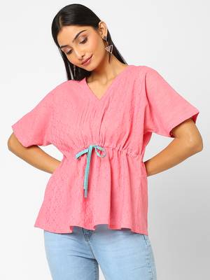 Pink woven blended cotton cotton-tops 3