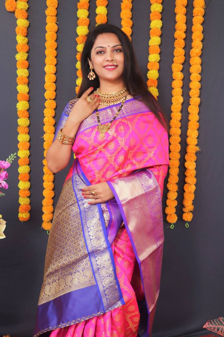 Pink hand woven pure kanchipuram silk saree with blouse