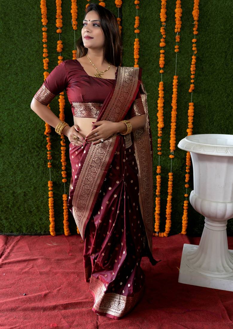 Maroon hand woven pure kanchipuram silk saree with blouse