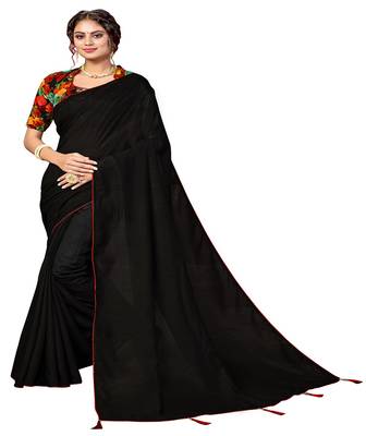 Black plain faux silk blend saree with blouse 1