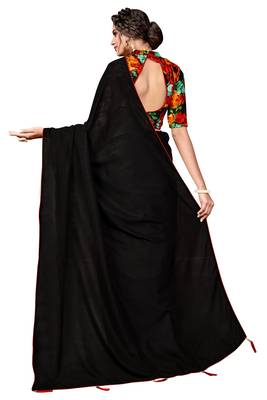 Black plain faux silk blend saree with blouse 2