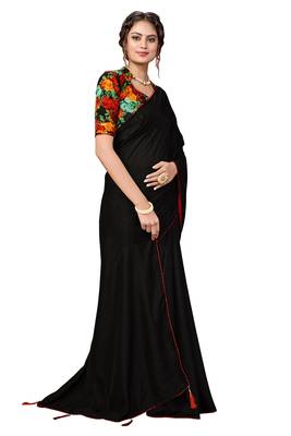 Black plain faux silk blend saree with blouse 3