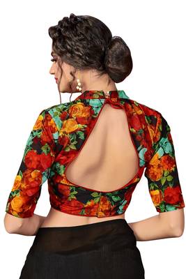 Black plain faux silk blend saree with blouse 5