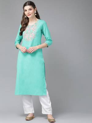 Turquoise embroidered cotton kurtas-and-kurtis 1