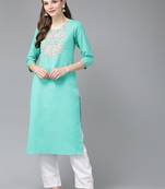 Turquoise embroidered cotton kurtas-and-kurtis