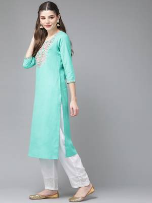 Turquoise embroidered cotton kurtas-and-kurtis 2