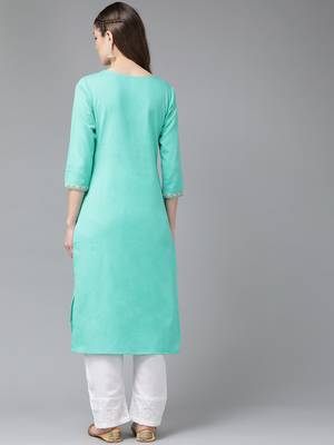 Turquoise embroidered cotton kurtas-and-kurtis 3