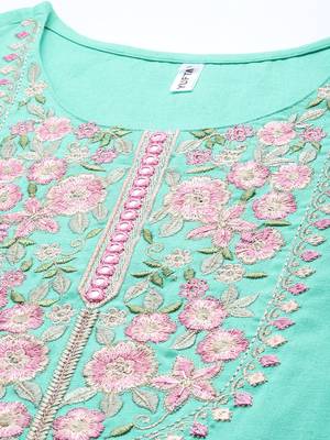 Turquoise embroidered cotton kurtas-and-kurtis 4