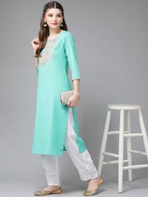 Turquoise embroidered cotton kurtas-and-kurtis 5