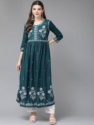 Teal-green embroidered rayon ethnic-kurtis 1