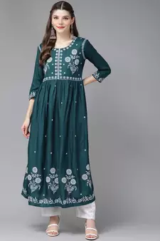 Teal-green embroidered rayon ethnic-kurtis