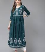 Teal-green embroidered rayon ethnic-kurtis