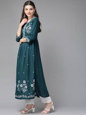 Teal-green embroidered rayon ethnic-kurtis 2