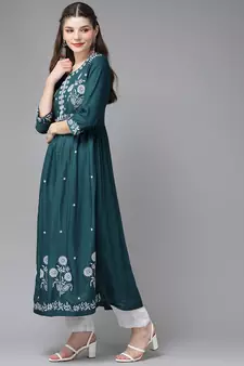 Teal-green embroidered rayon ethnic-kurtis