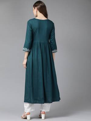 Teal-green embroidered rayon ethnic-kurtis 3